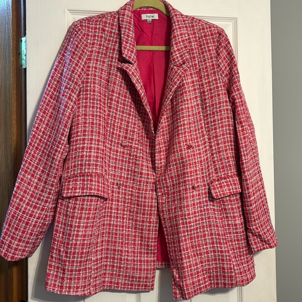 Oversized tweed blazer. Pink with blue and white stitching. Fabric buttons.